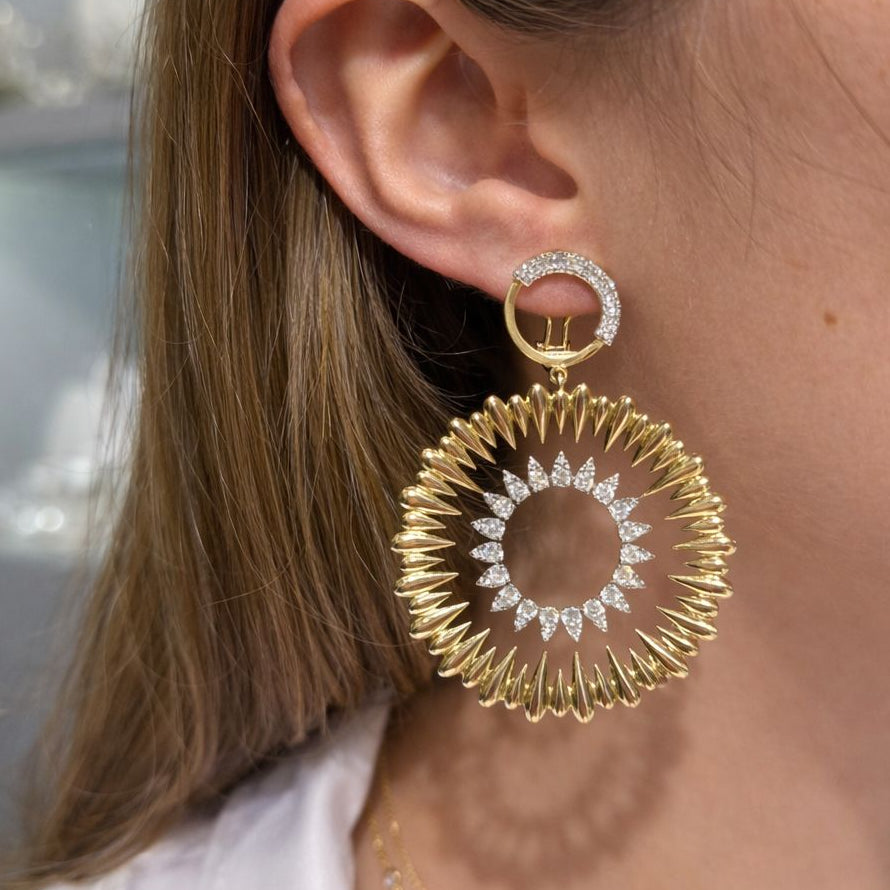 3.24ct Diamond 14K Gold Sun Burst Statement Earrings