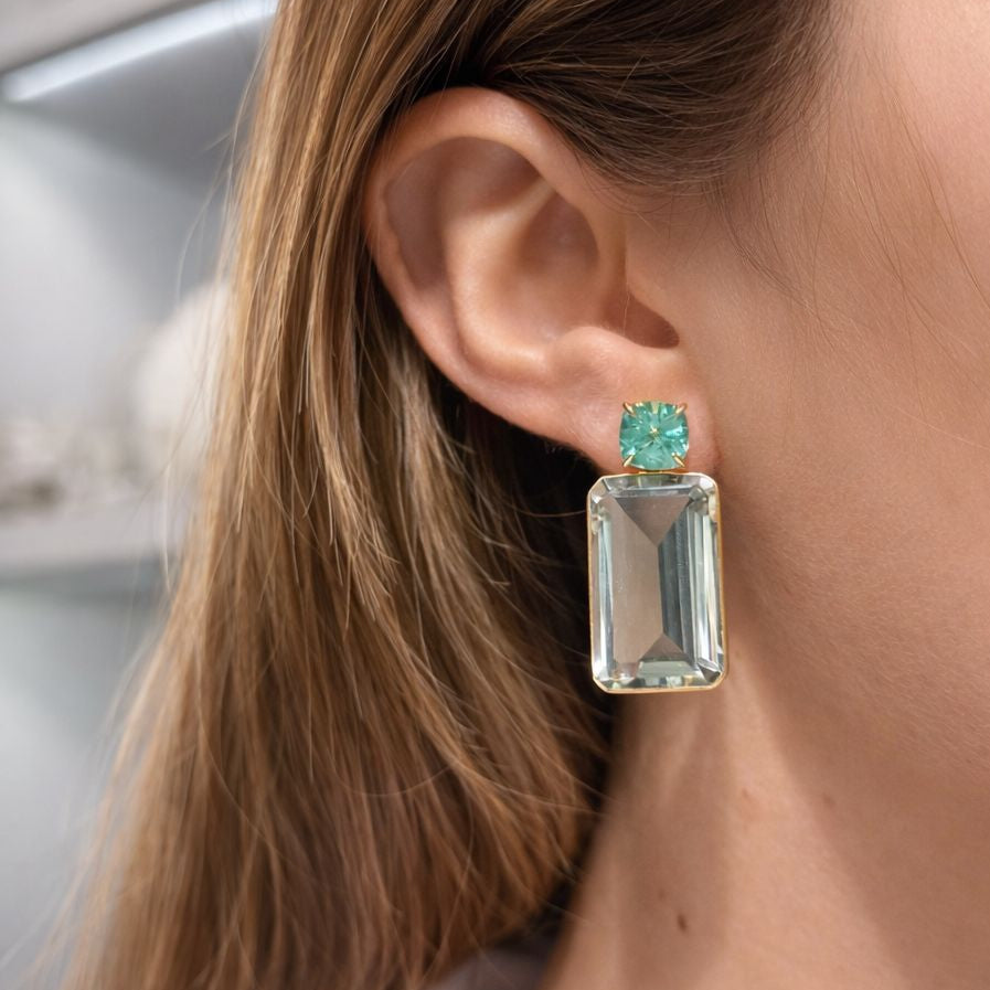 48.30ct Green Apatite Green Amethyst 18K Gold Earrings