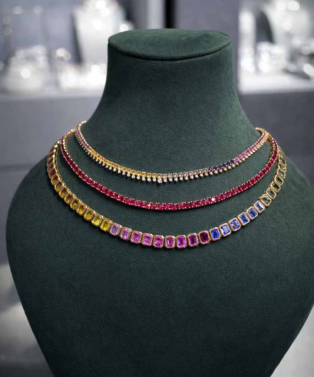 5.96ct Diamond Multi Sapphire 18K Gold Stationed Tennis Necklace