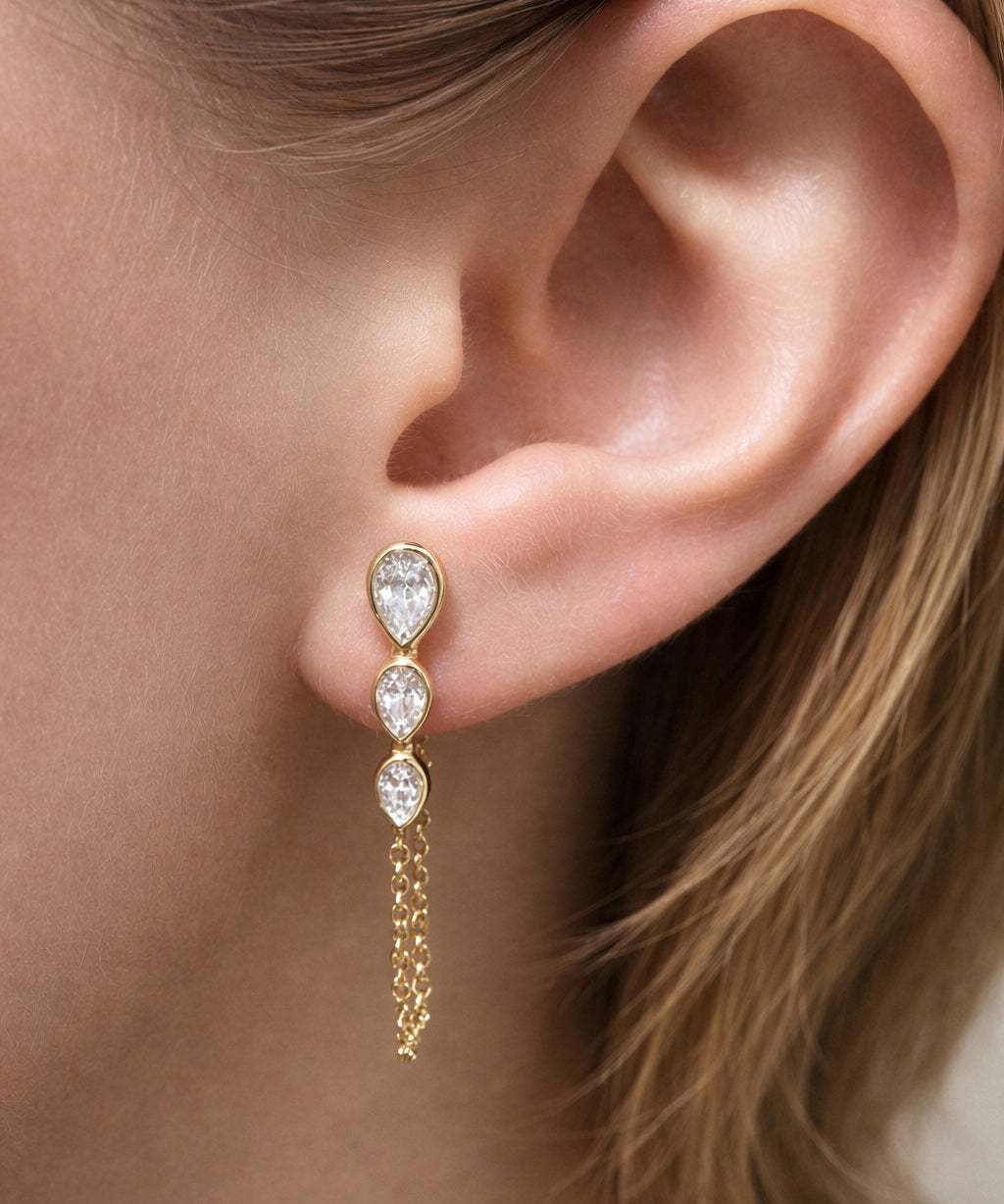 0.56ct Diamond 14K Gold Pear Drop Draped Chain Earrings