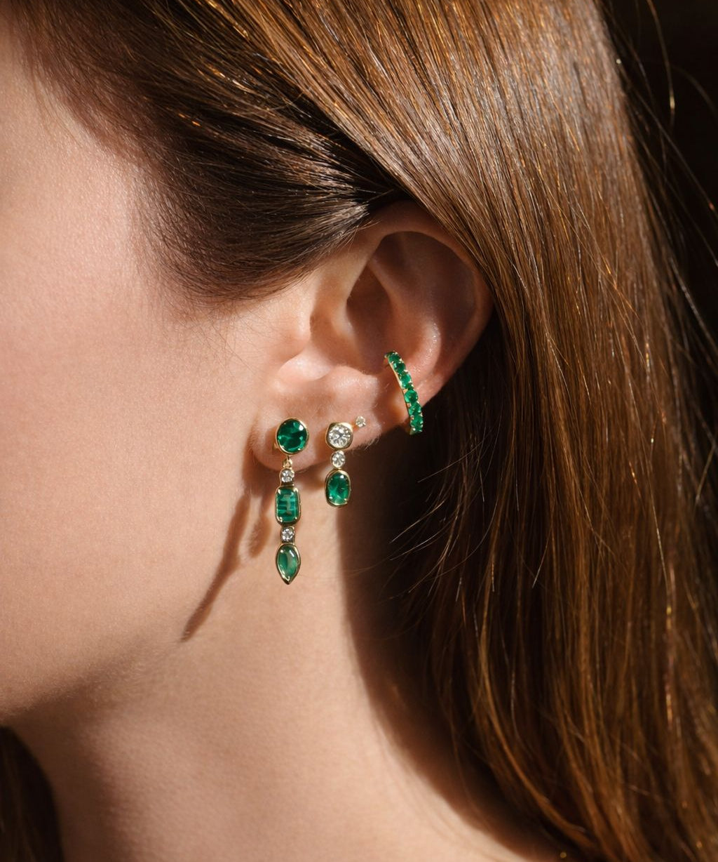 0.68ct Diamond Emerald 14K Gold Bezel Dangle Drop Earrings