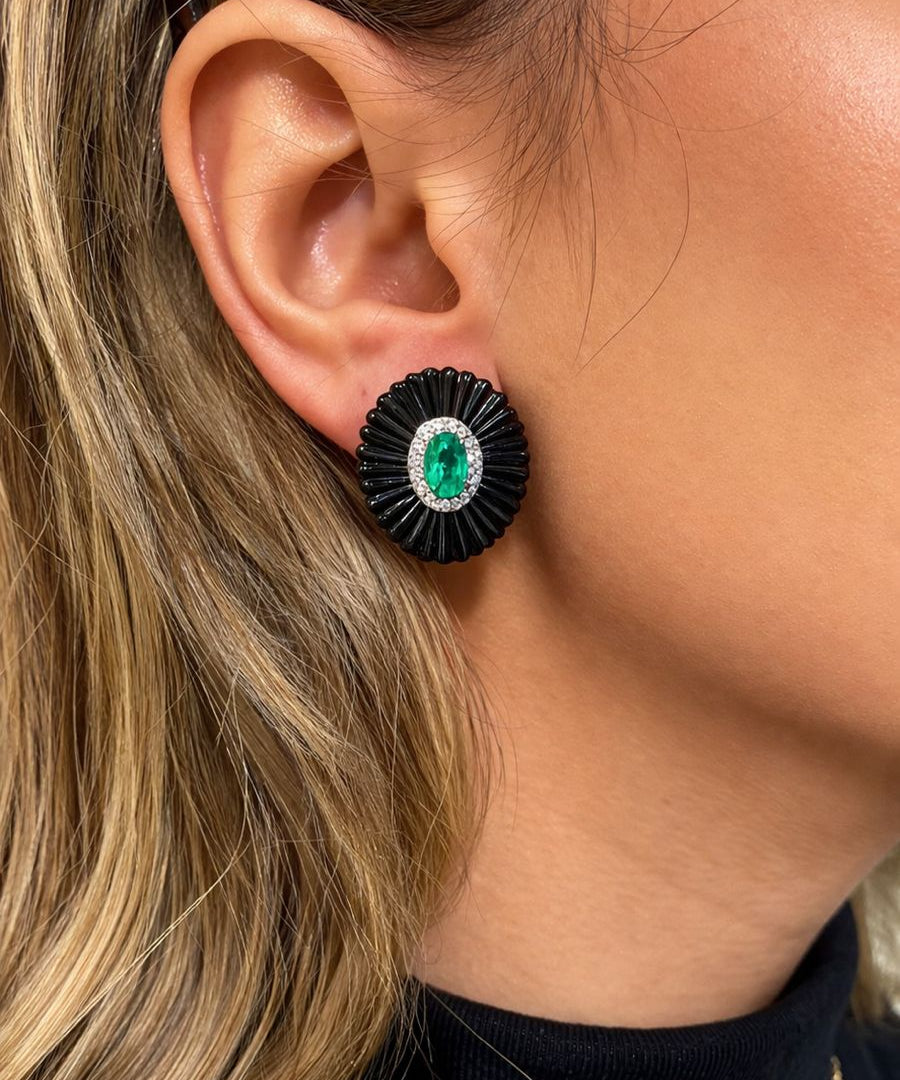 20ct Diamond Emerald Black Onyx 18K Gold Earrings