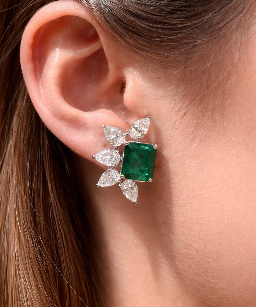 12.81ct Emerald Diamond 18K Gold Half Flower Earrings