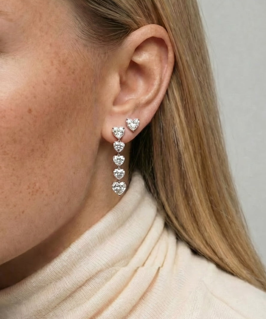6.60ct Diamond 18K Gold Heart Linear Dangle Earrings