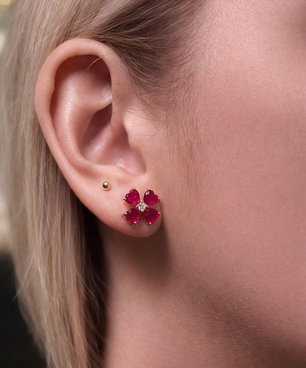 4.15ct Diamond Ruby 18K Gold Heart Cut Clover Stud Earrings