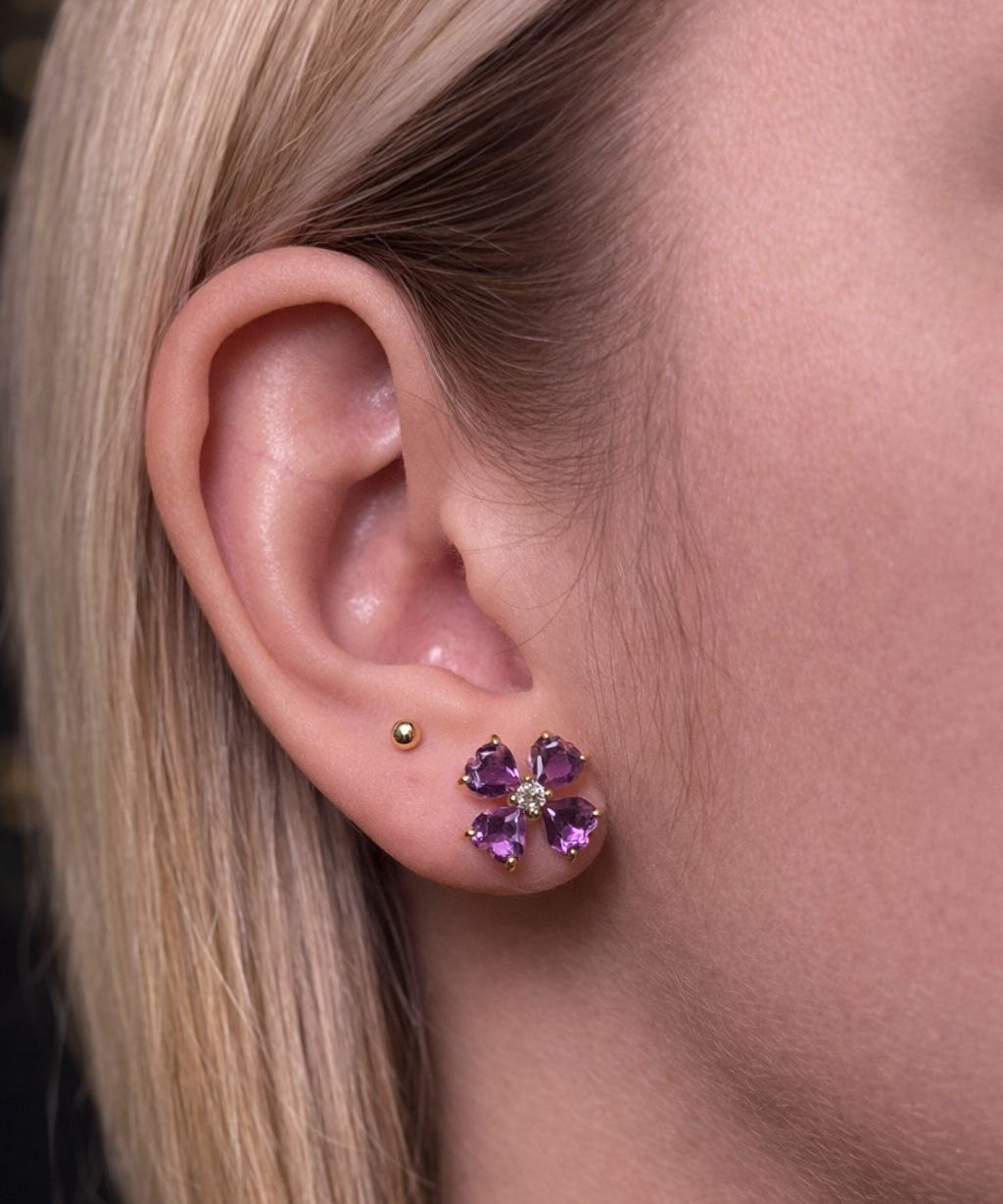3.96ct Diamond Amethyst 18K Gold Flower Stud Earrings