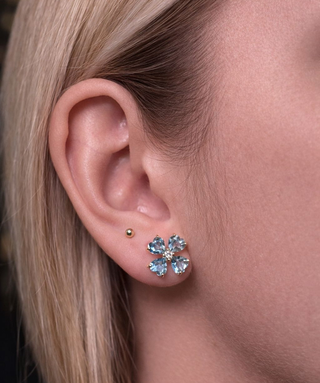 5.18ct Diamond Blue Topaz 18K Gold Heart Cut Clover Stud Earrings