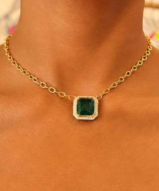 0.49ct Diamond Emerald 14K Gold Bezel Chain Pendant