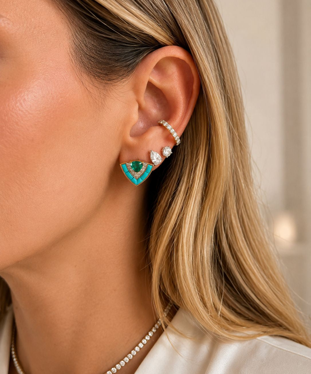 3.31ct Diamond Emerald Turquoise 18K Gold Stud Earrings