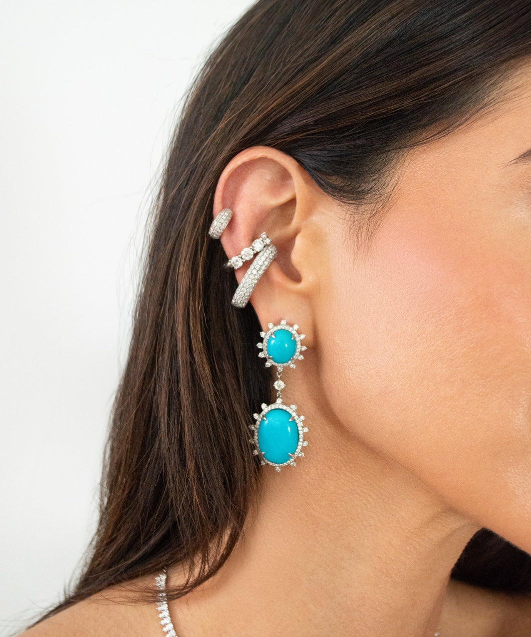 24.57ct Diamond Turquoise 18K Gold Sunburst Dangle Drop Earrings
