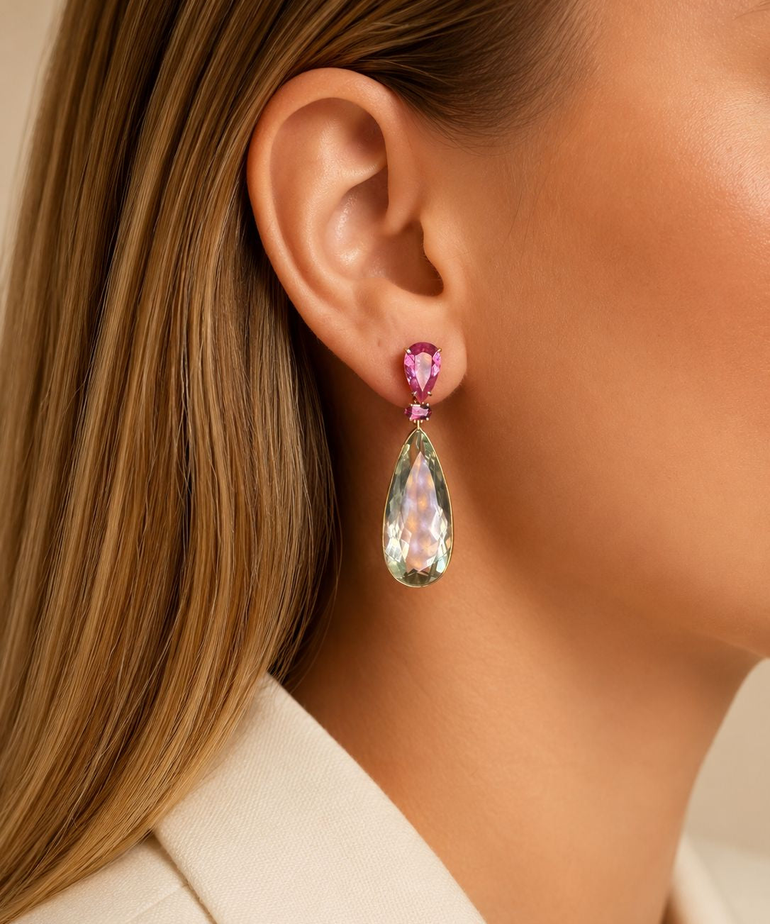 35.38ct Amethyst Tourmaline 18K Gold Pear Drop Earrings