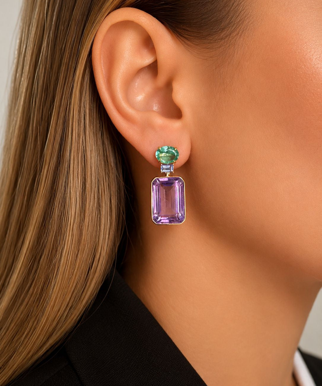 47.98ct Amethyst Apatite Tanzanite 18K Gold Drop Earrings