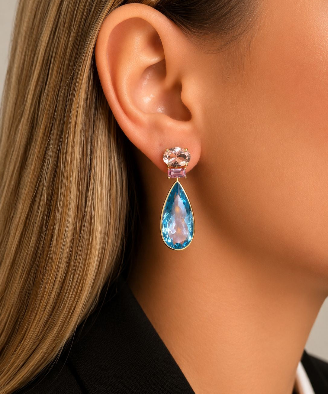 37.88ct Topaz Sapphire Morganite 18K Gold Pear Drop Earrings