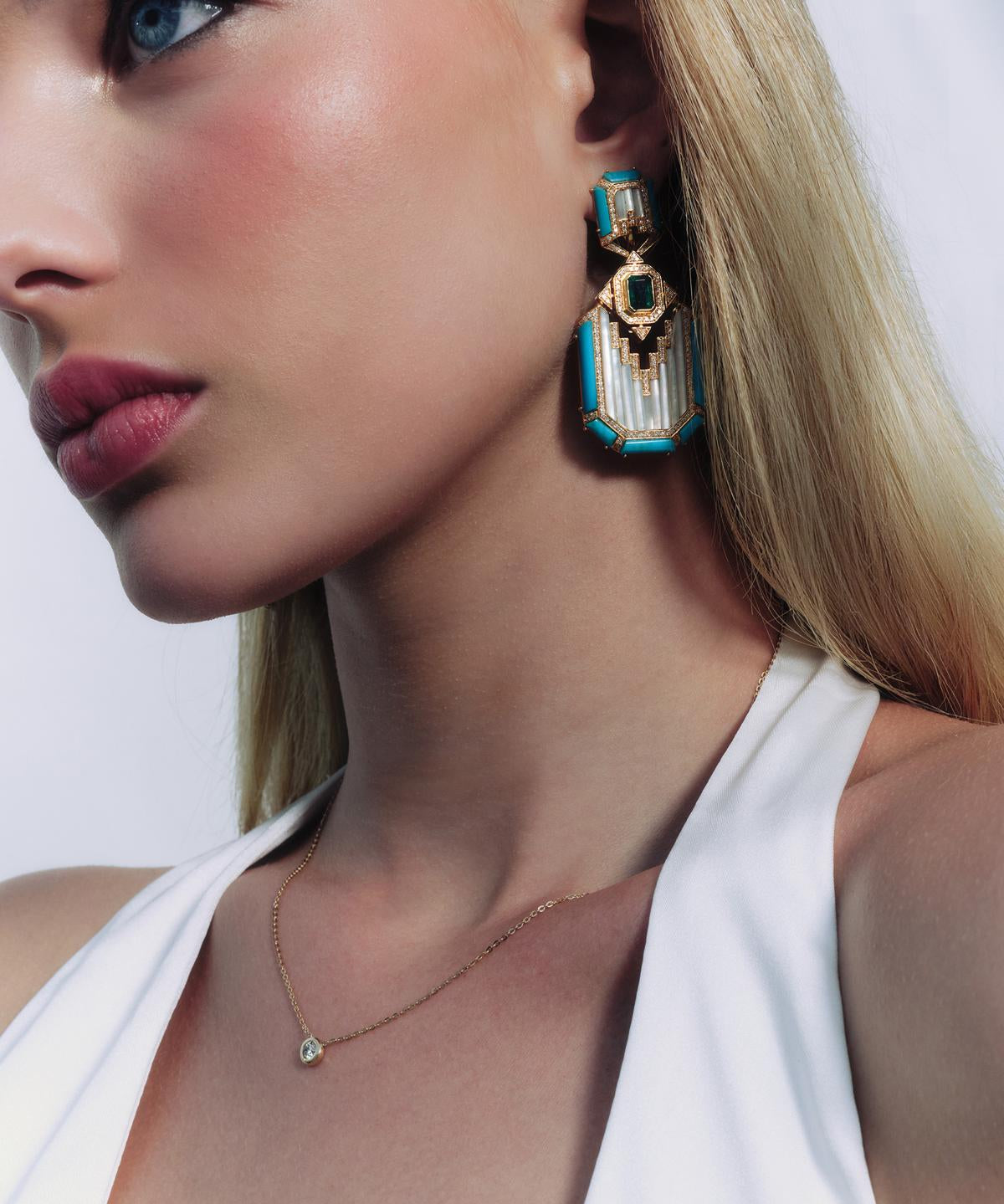 3.79ct Diamond Emerald Turquoise 18K Gold Statement Earring
