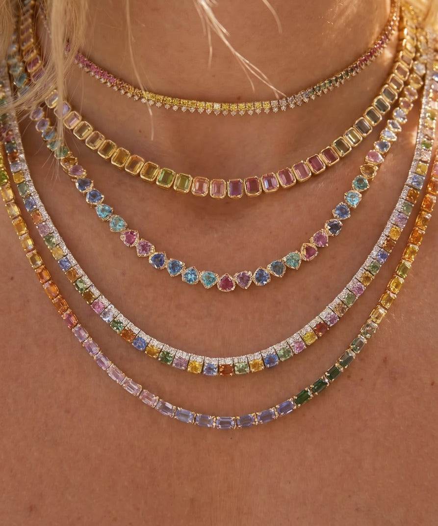 20.31ct Multi Color Sapphire 14K Gold Bezel Cut Half Necklace