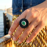 18.65ct Diamond Emerald Onyx 18K Gold Flower Cocktail Ring
