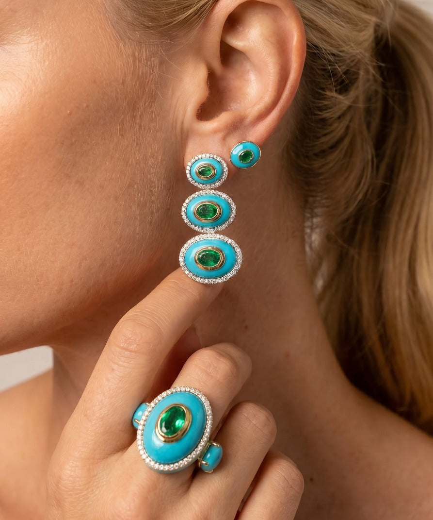 22.19ct Diamond Emerald Turquoise 18K Gold Drop Earrings