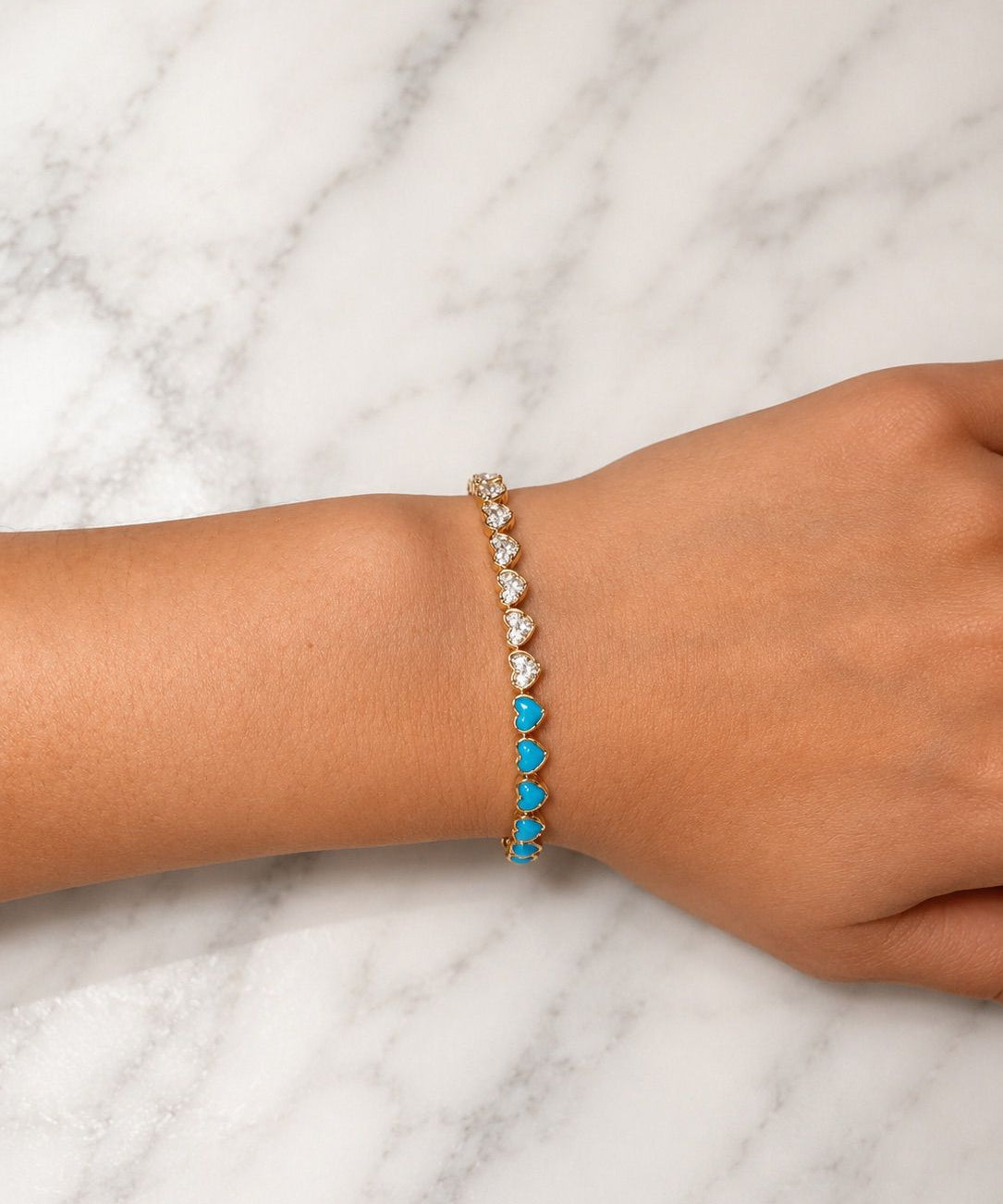7.16ct Turquoise Diamond 14K Gold Heart Tennis Bracelet