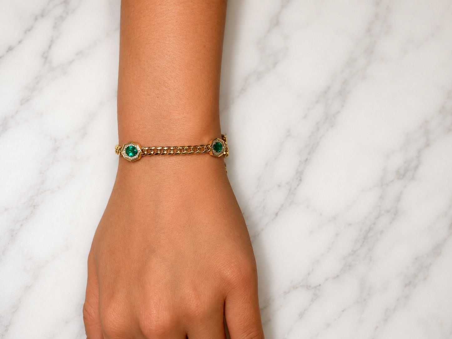 2.24ct Emerald Diamond 14K Gold Stationed Chain Bracelet
