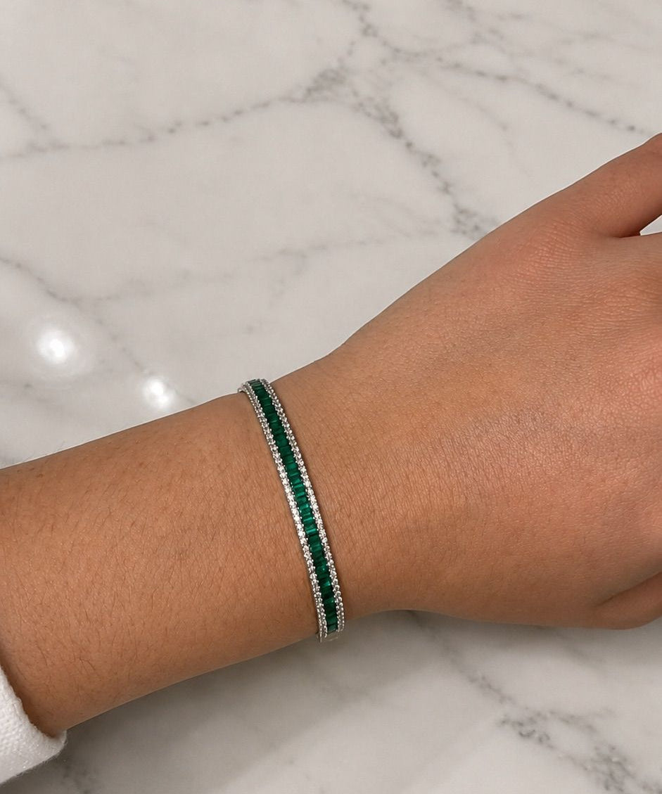 2.89ct Diamond Emerald 14K Gold Baguette Bangle Bracelet