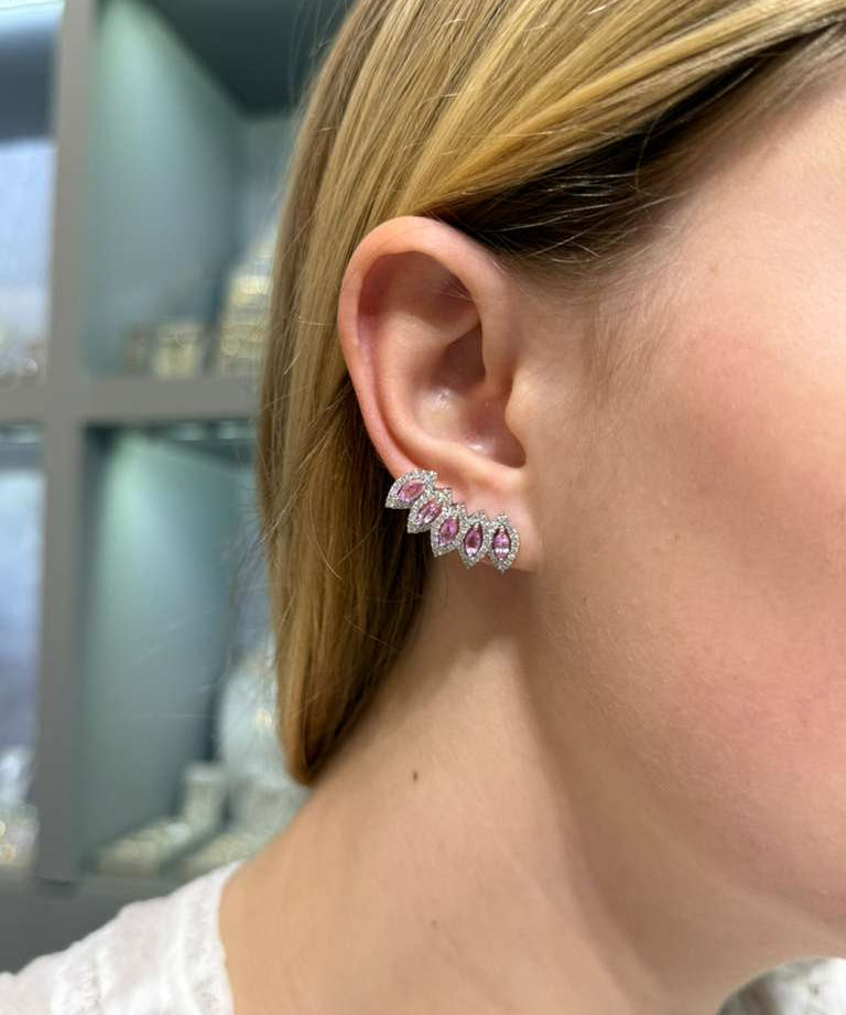 2.12ct Pink Sapphire Diamond 18K Gold Climber Earrings
