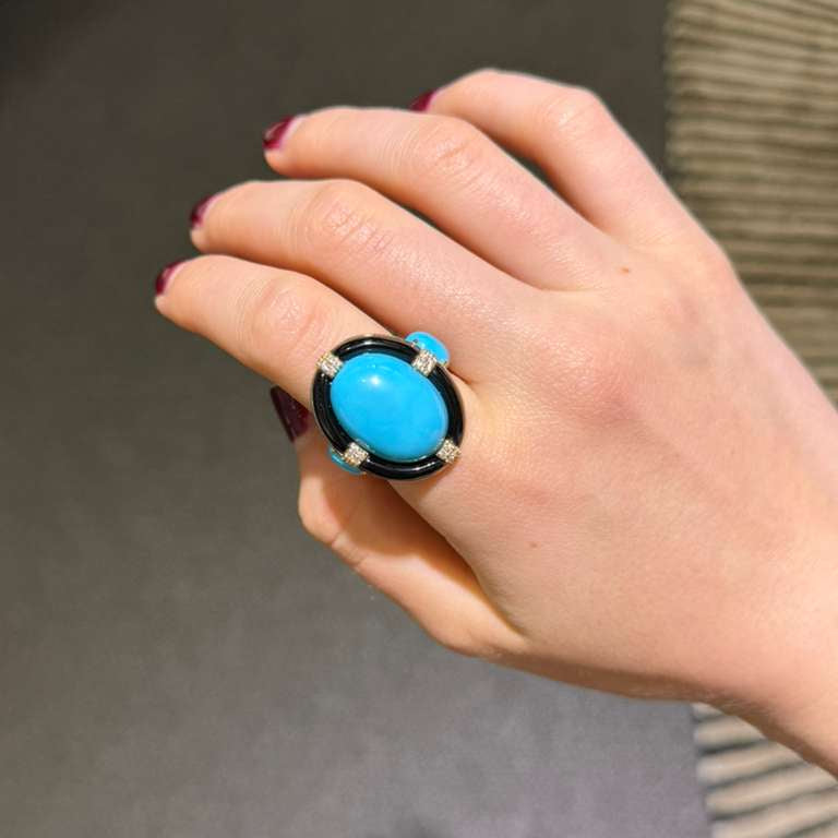 21.24ct Diamond Turquoise Onyx 18K Gold Cocktail Ring