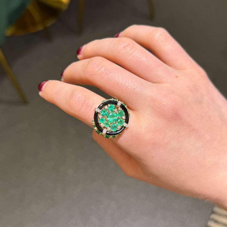 7.19ct Diamond Emerald Onyx 18K Gold Cocktail Ring