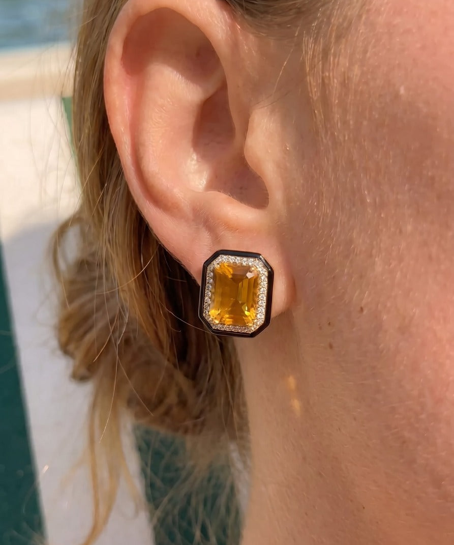 14.34ct Citrine Diamond Onyx 18K Gold Halo Stud Earrings