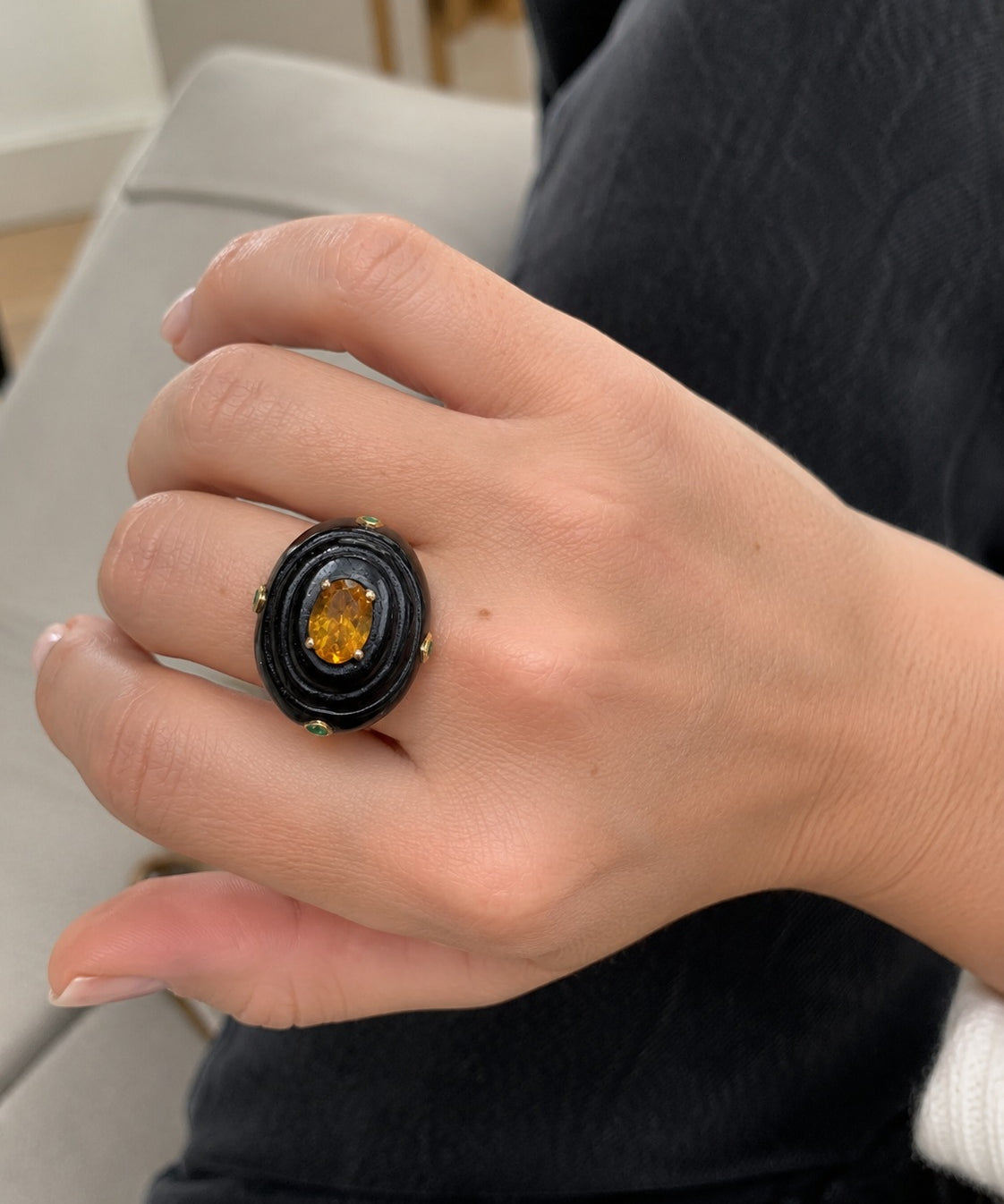 24.70ct Emerald Citrine Onyx 18K Gold Cocktail Ring