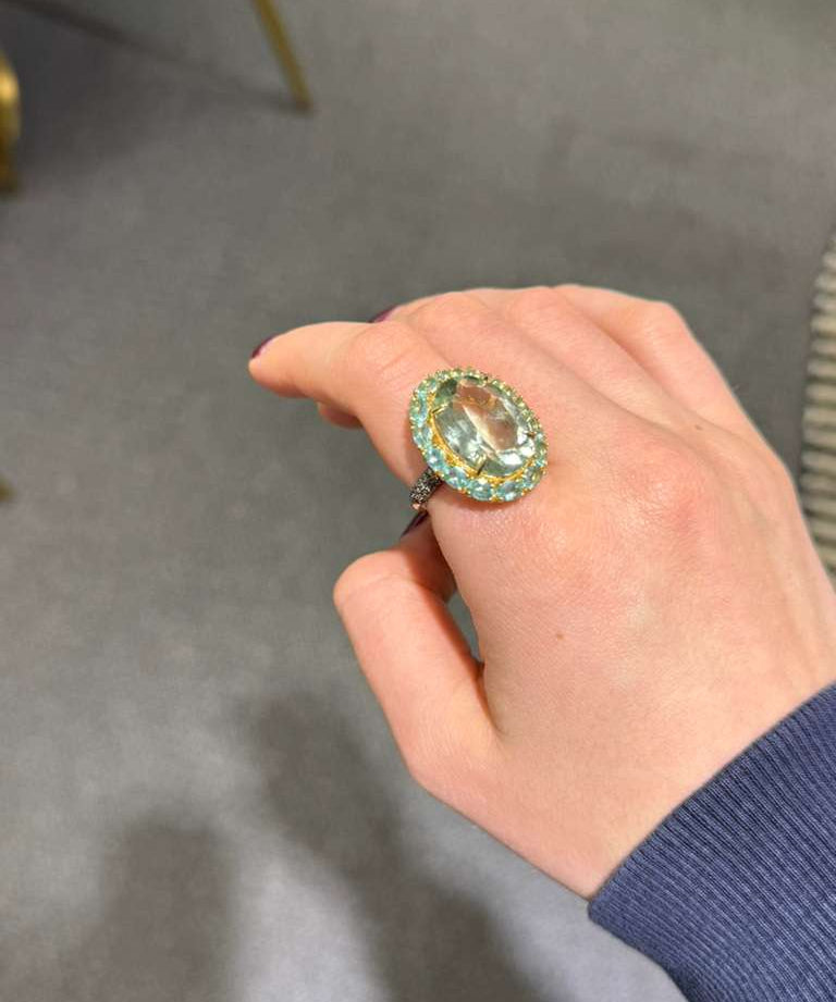 13.45ct Green Amethyst Apatite Diamond 18K Gold Cocktail Ring