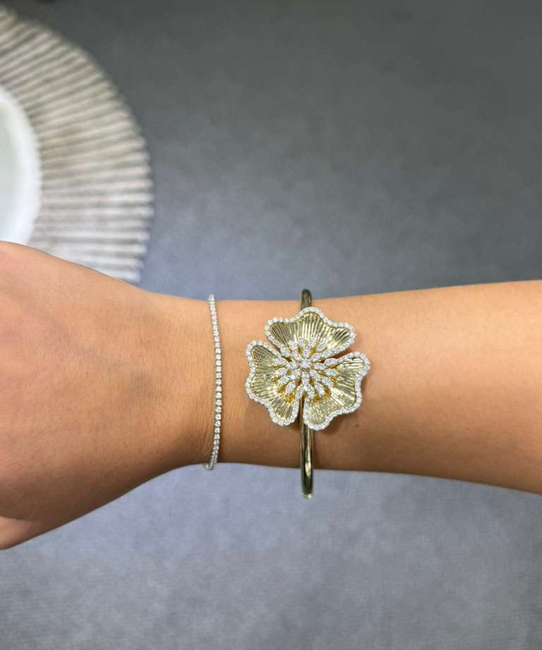 2.15ct Diamond 14K Gold Flower Bangle Bracelet