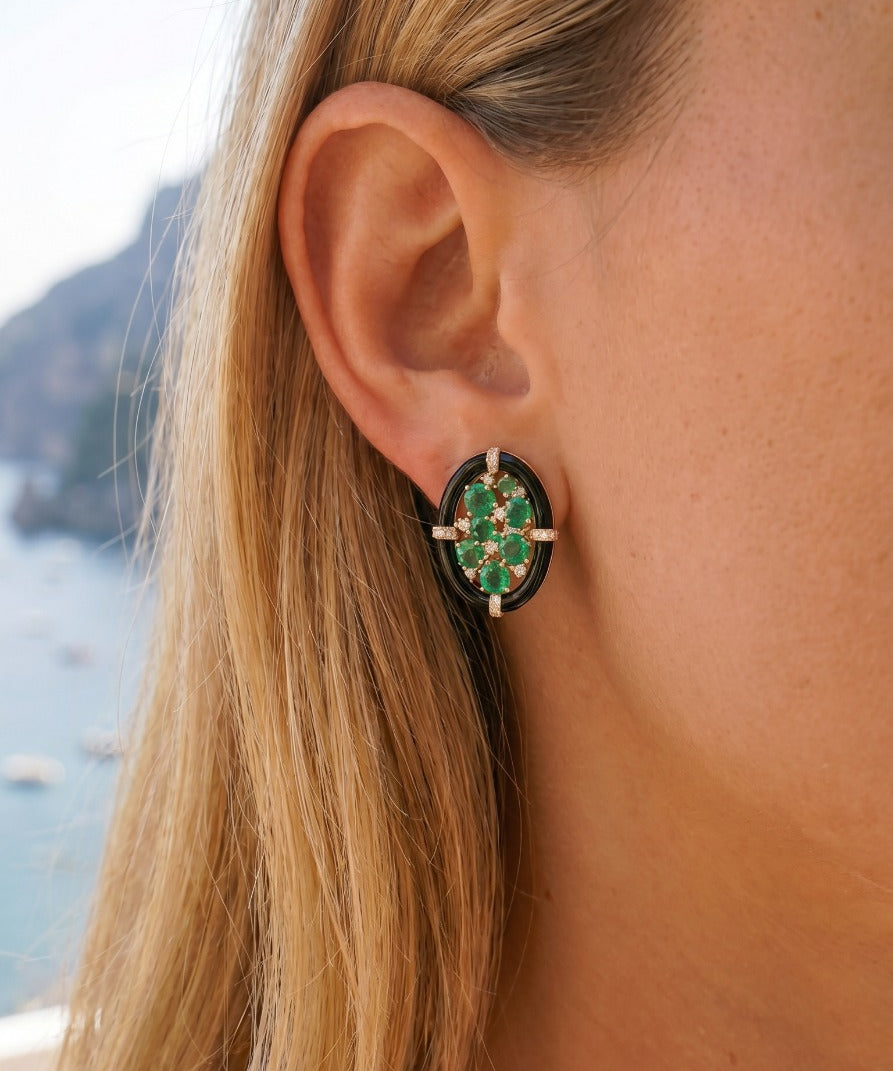5.84ct Emerald Diamond Onyx 18K Gold Cluster Earrings