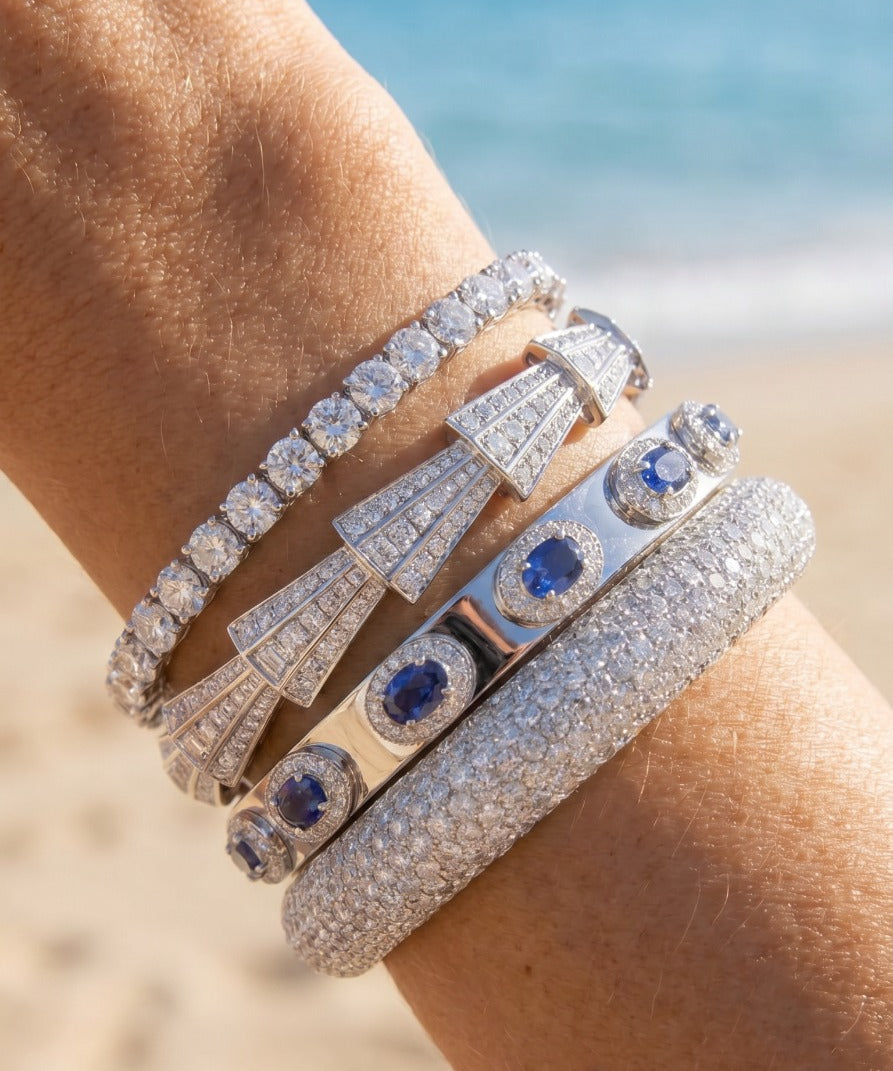 4.85ct Diamond Blue Sapphire 14K Gold Bangle Bracelet