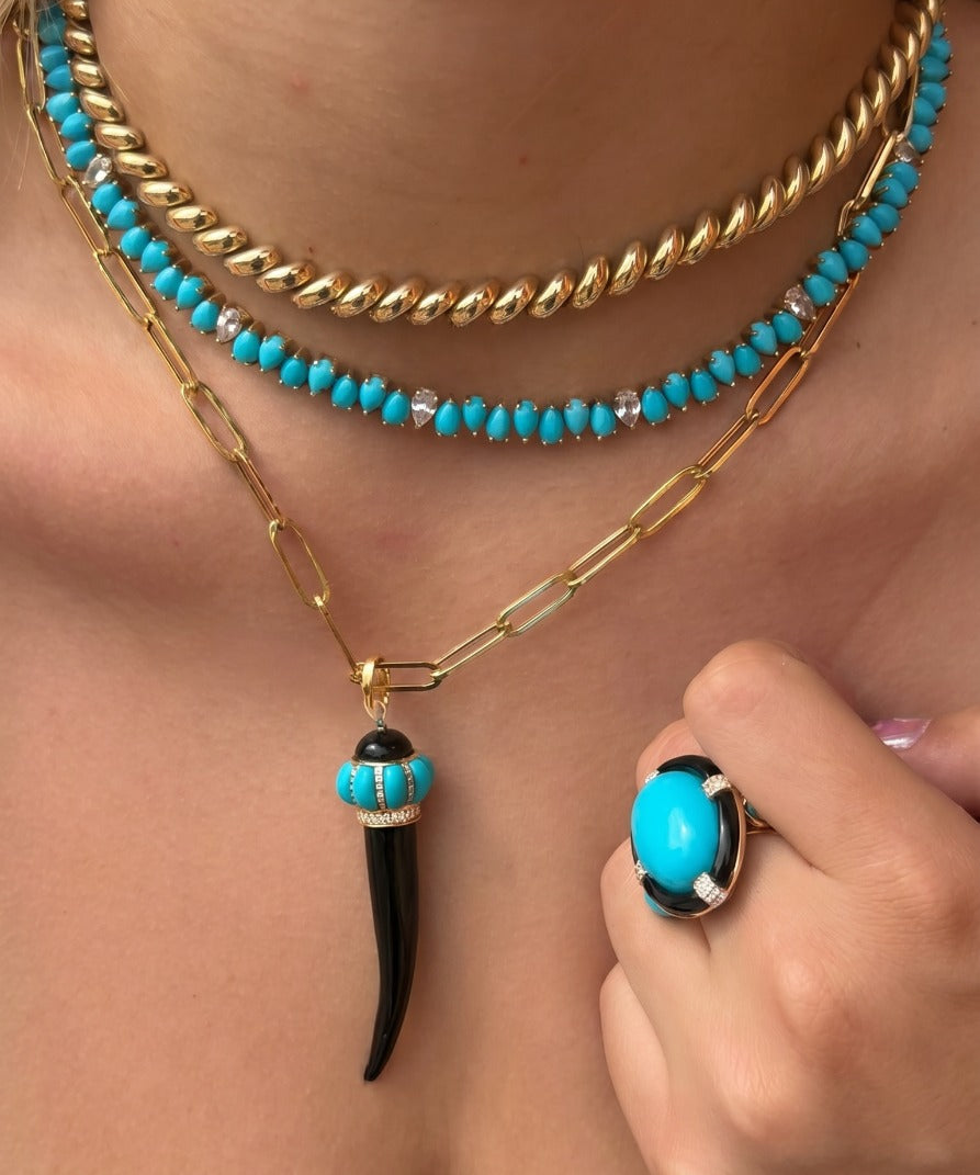 2.70ct Diamond Turquoise Onyx 18K Gold Horn Pendant