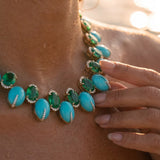 184.90ct Turquoise Emerald Diamond 18K Gold Statement Necklace