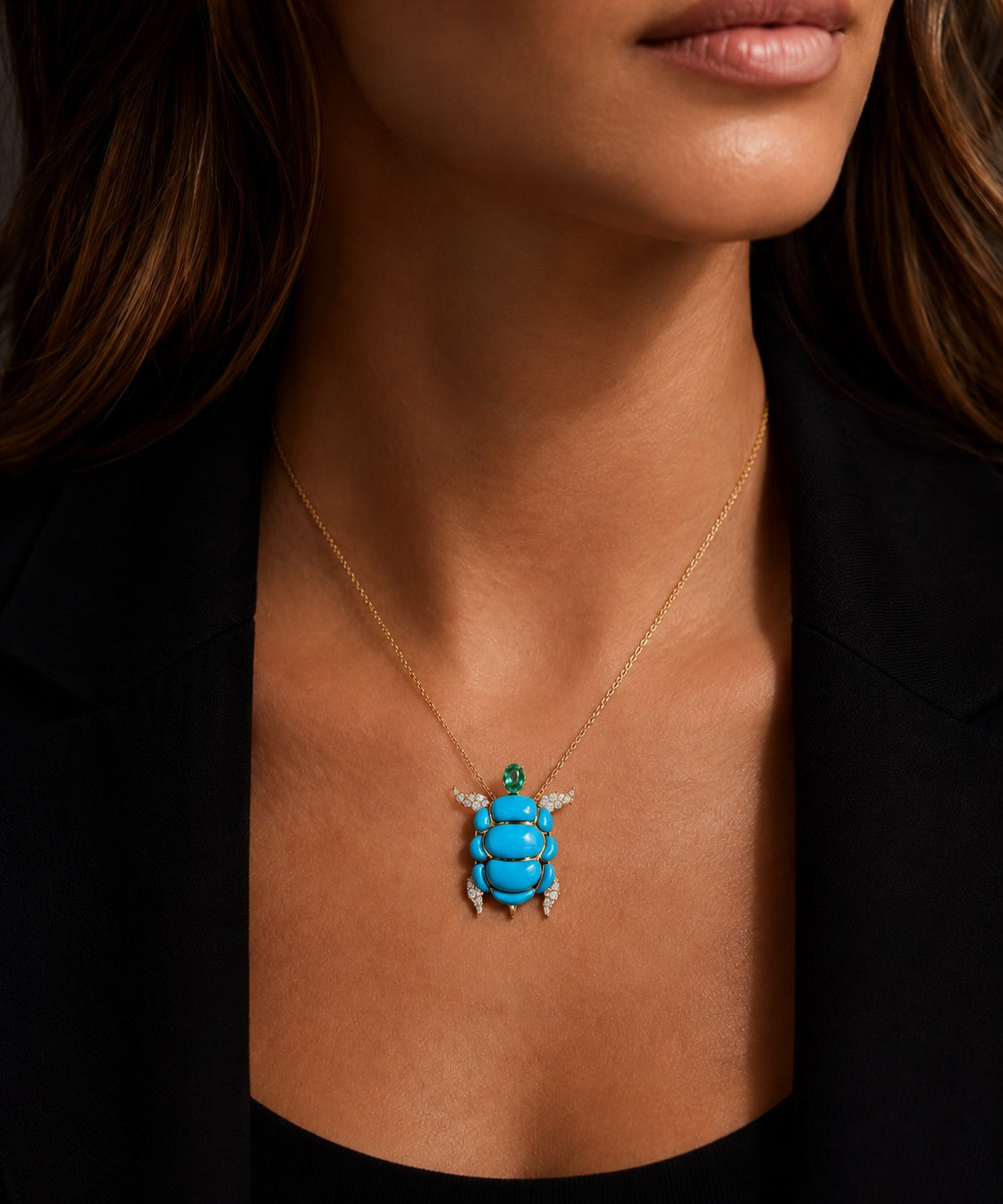 7.41ct Turquoise Emerald Diamond 18K Gold Turtle Pendant