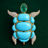 7.41ct Turquoise Emerald Diamond 18K Gold Turtle Pendant