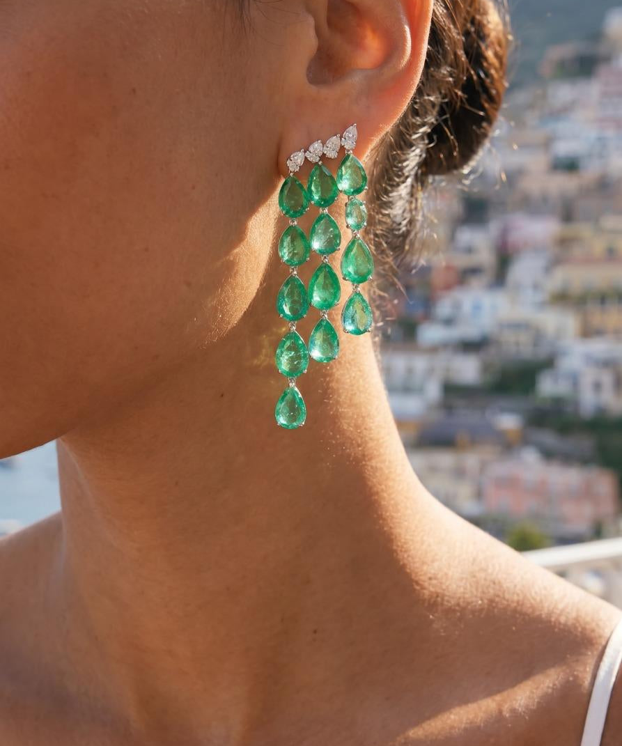 26.44ct Emerald Diamond 18K Gold Cascade Earrings