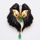 Gemini 17.59ct Black Onyx Emerald Diamonds 18K Gold Brooch