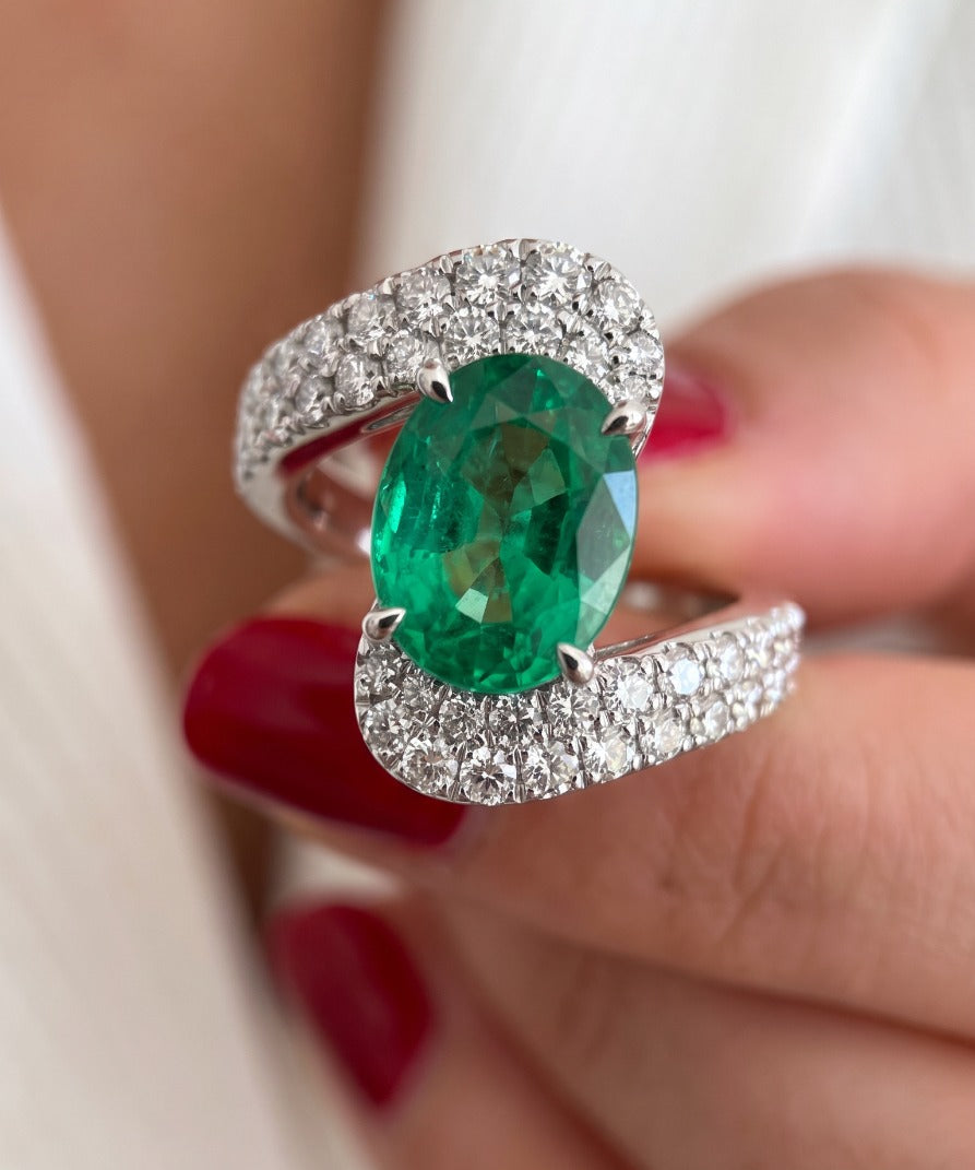 5.12ct Emerald Diamond 18K Gold Bypass Cocktail Ring