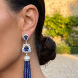 132.72ct Blue Sapphire Diamond 14K Gold Tassel Earrings