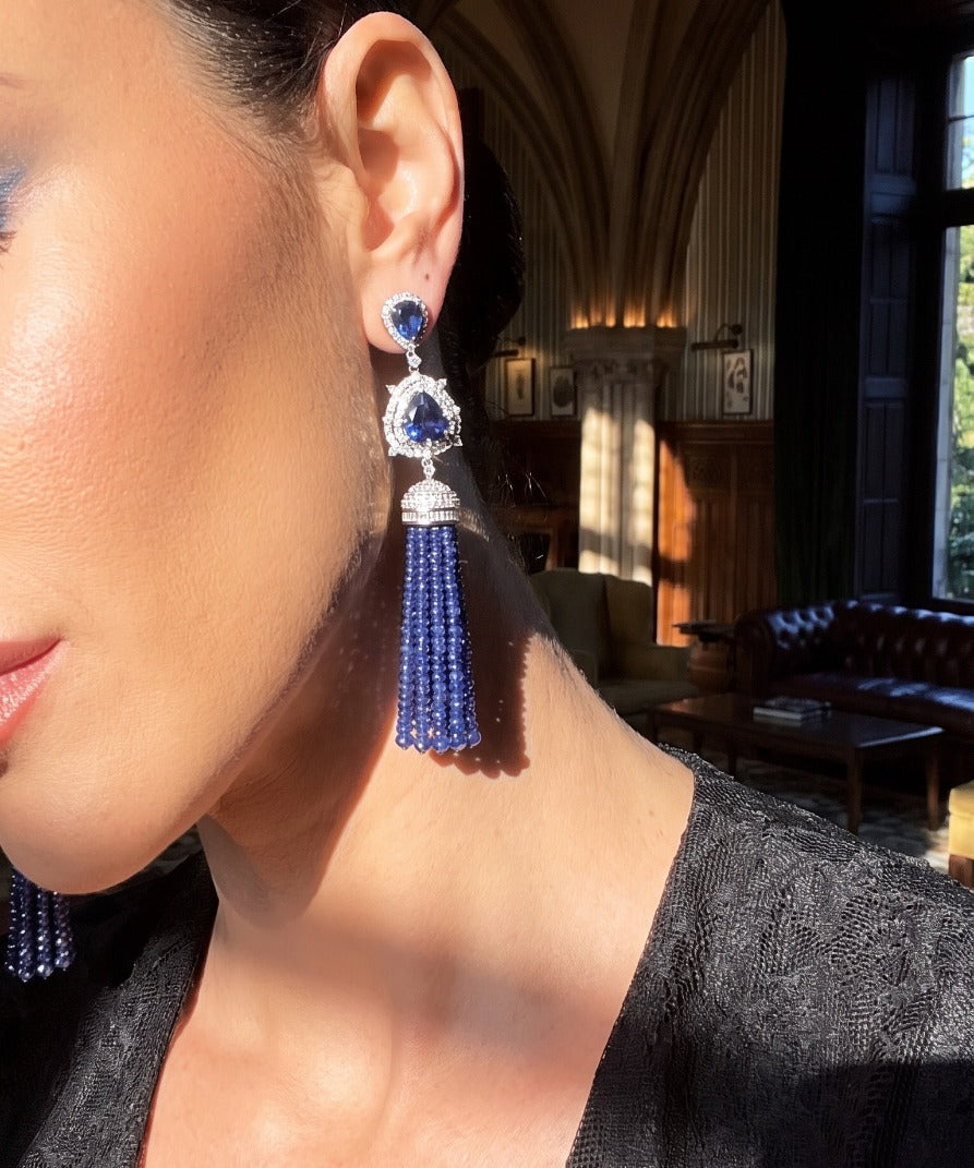 132.72ct Blue Sapphire Diamond 14K Gold Tassel Earrings