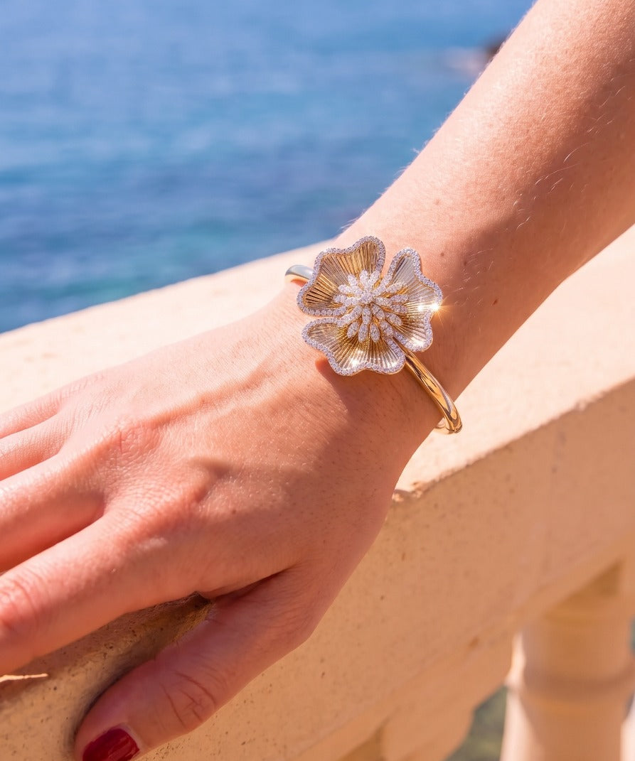 2.15ct Diamond 14K Gold Flower Bangle Bracelet