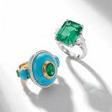 29.2ct Diamond Emerald Turquoise 18K Gold Cocktail Ring