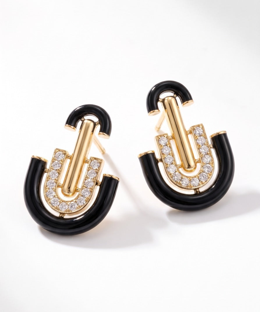 0.57ct Diamond Black Onyx 14K Gold Deco Earrings