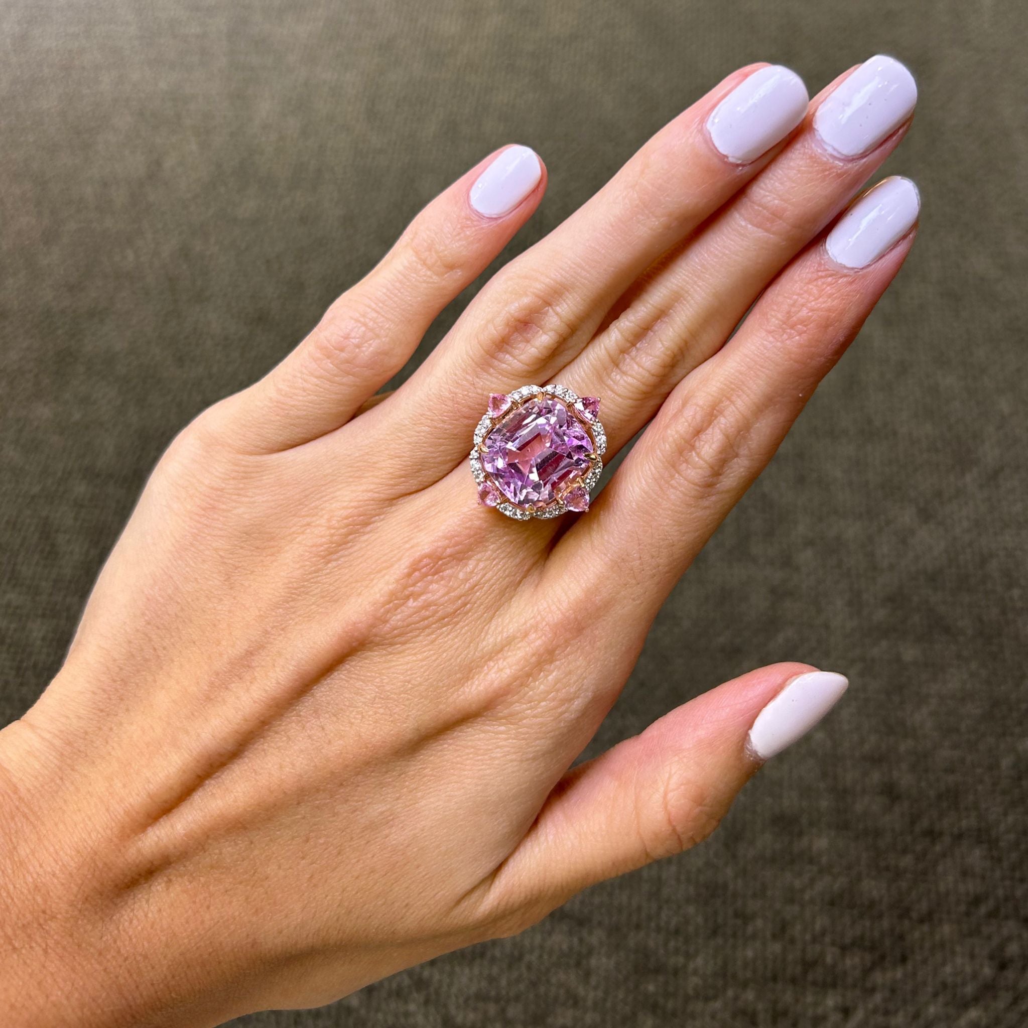 16.52ct Kunzite Pink Sapphire Diamond 18K Gold Cushion Ring