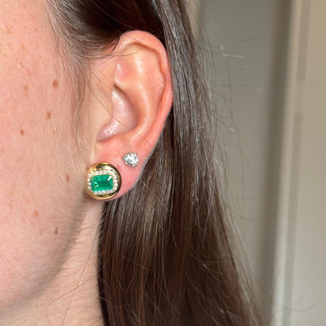 2.40ct Diamond Emerald 18K Gold Button Stud Earrings