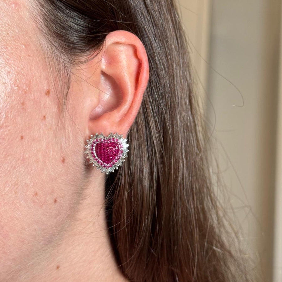 3.74ct Diamond Ruby 18K Gold Heart Halo Earrings