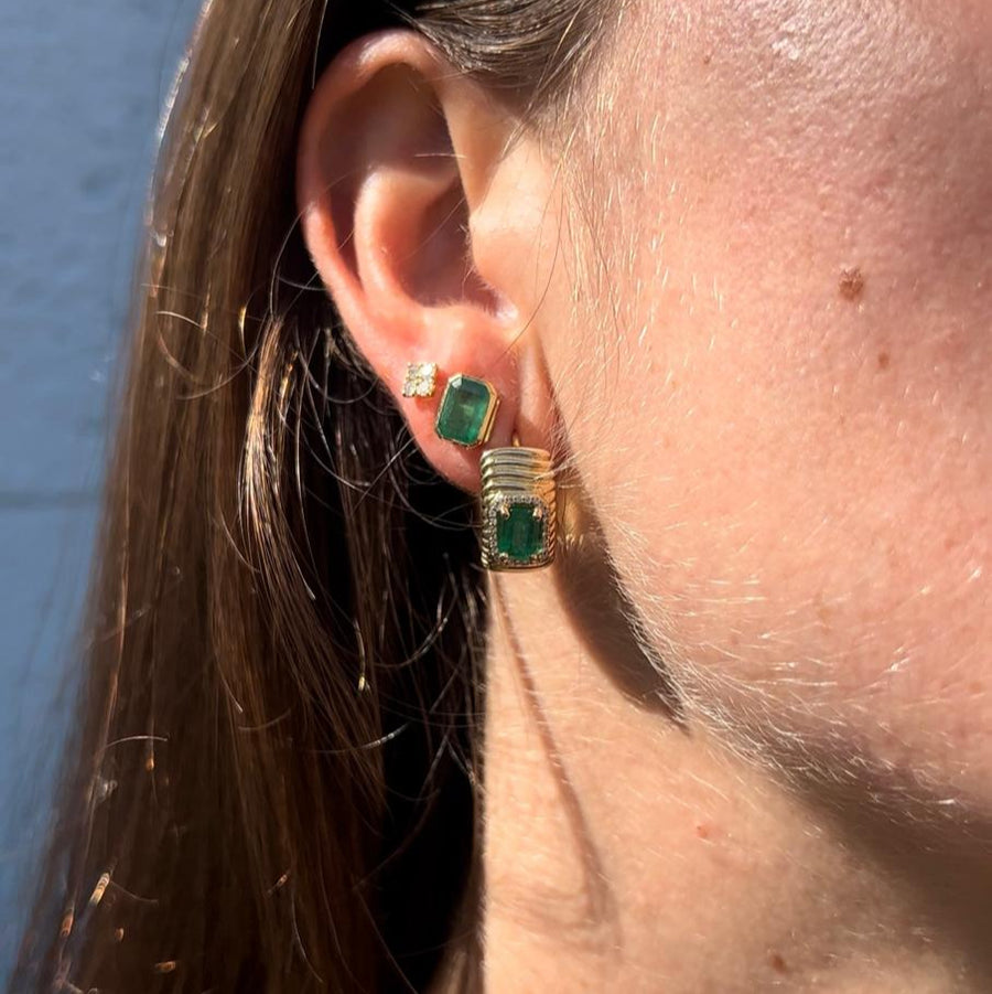 1.27ct Diamond Emerald 14K Gold Textured Hoop Earrings