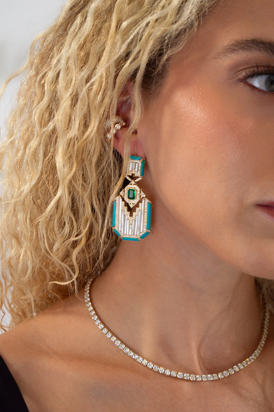 3.79ct Diamond & Emerald & Turquoise 18K Gold Statement Earrings